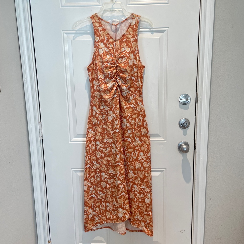 Soft Joie Orange Floral Empire Waist Fitted Bodycon Sleeveless Maxi Dress Medium